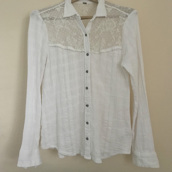 Free People Tops - Free People white lace long sleeve button blouse